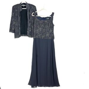 Alex Evenings Sequin Flowy Maxi Dress with Long Sleeve Blazer Evening Jacket